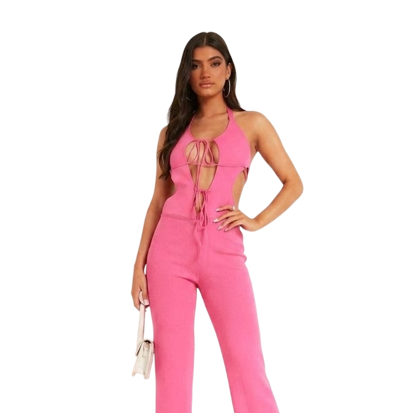 Pink - Back - Missy Empire Womens-Ladies Cut Out Knitted Front Tie Jumpsuit