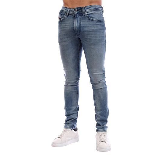 Blue Denim - Front - Diesel Mens Washed Denim 5 Pockets Straight Leg Jeans