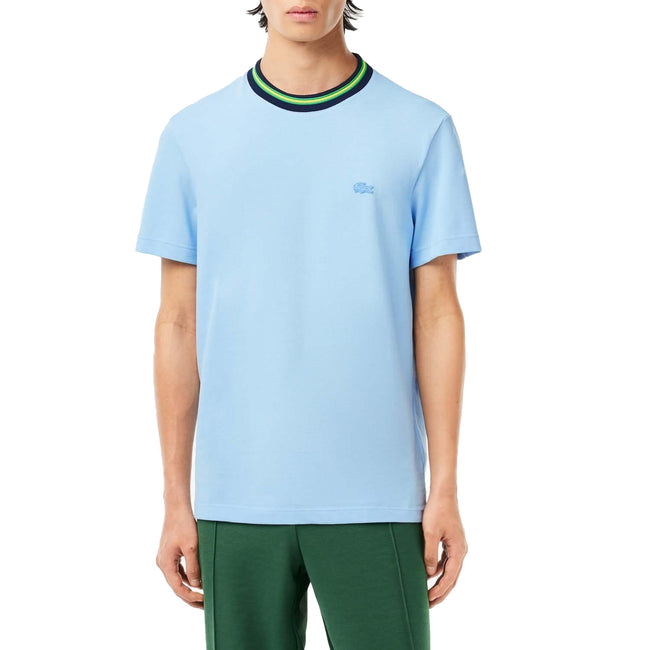 Blue - Close up - Lacoste Mens Stripe Pique Stretch T-Shirt