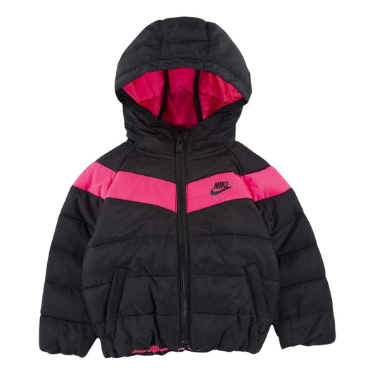 Black-Pink - Front - Nike Baby Girls Contrast Striped Puffer Jacket