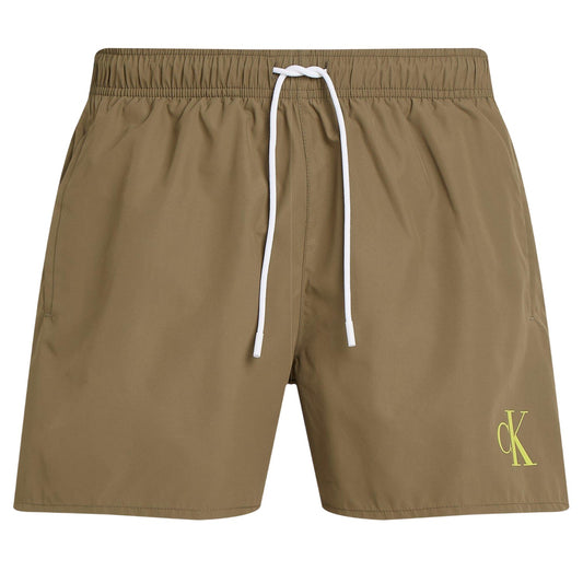 Dusky Green - Front - Calvin Klein Mens Contrast Logo Regular Swim Shorts