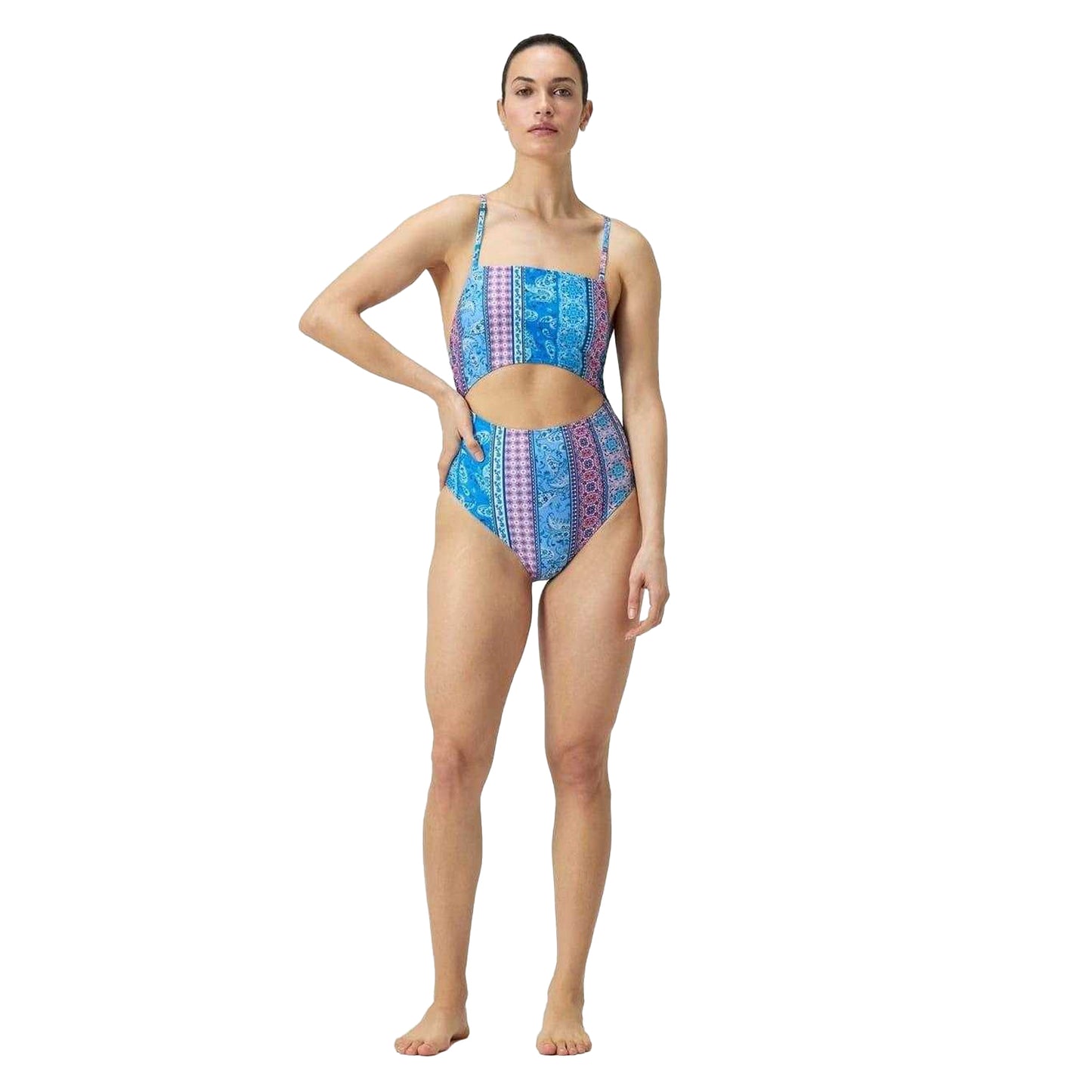Blue-Pink - Pack Shot - Speedo Womens-Ladies Paisley Swimming One Piece Swimsuit