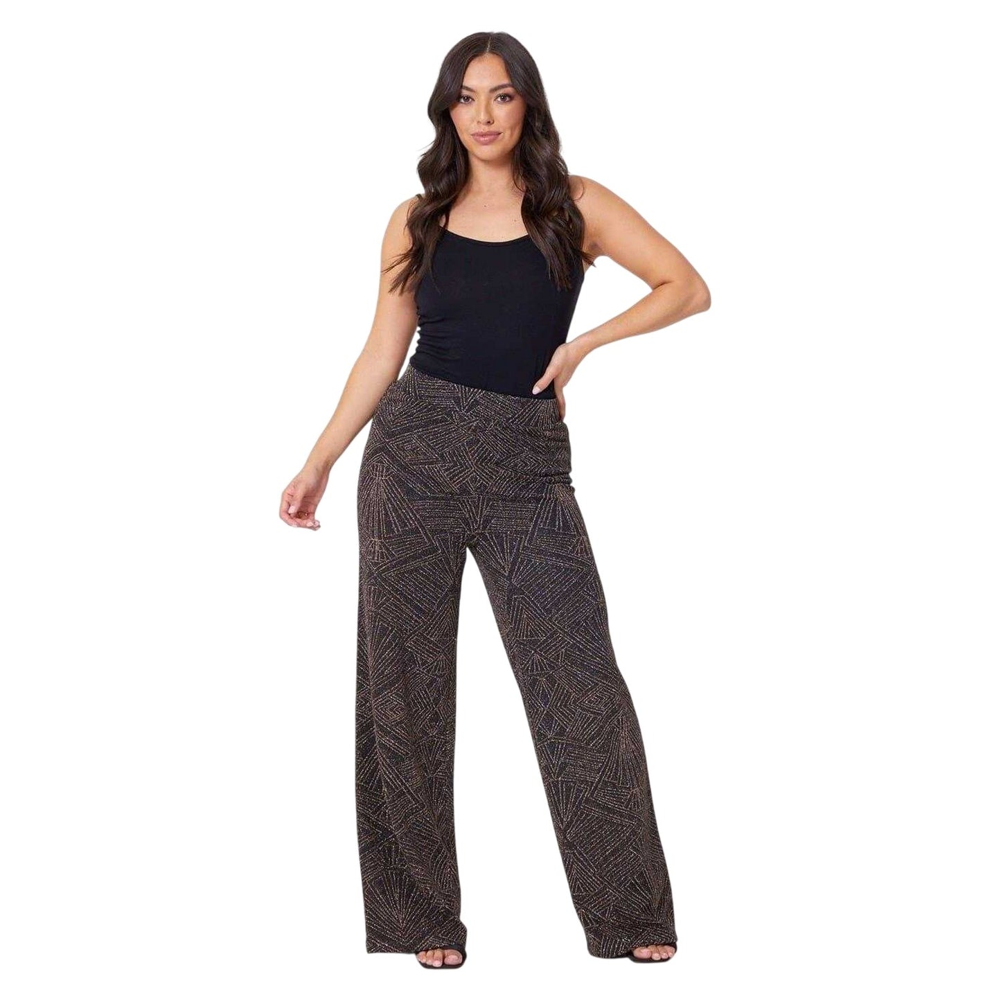 Gold-Silver - Lifestyle - Be You Womens-Ladies Lurex Geometric High Rise Wide Leg Trousers