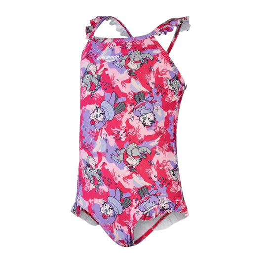 Pink - Front - Speedo Girls Animals Frill One Piece Swimsuit