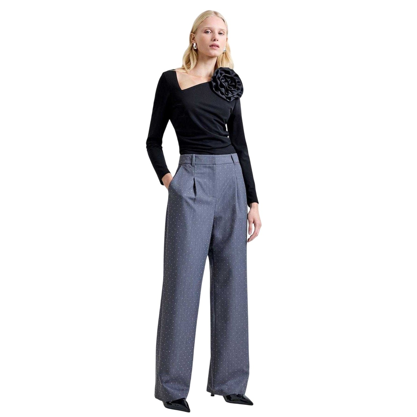 Grey - Pack Shot - French Connection Womens-Ladies Sherry Polka Dot Relaxed Fit Trousers