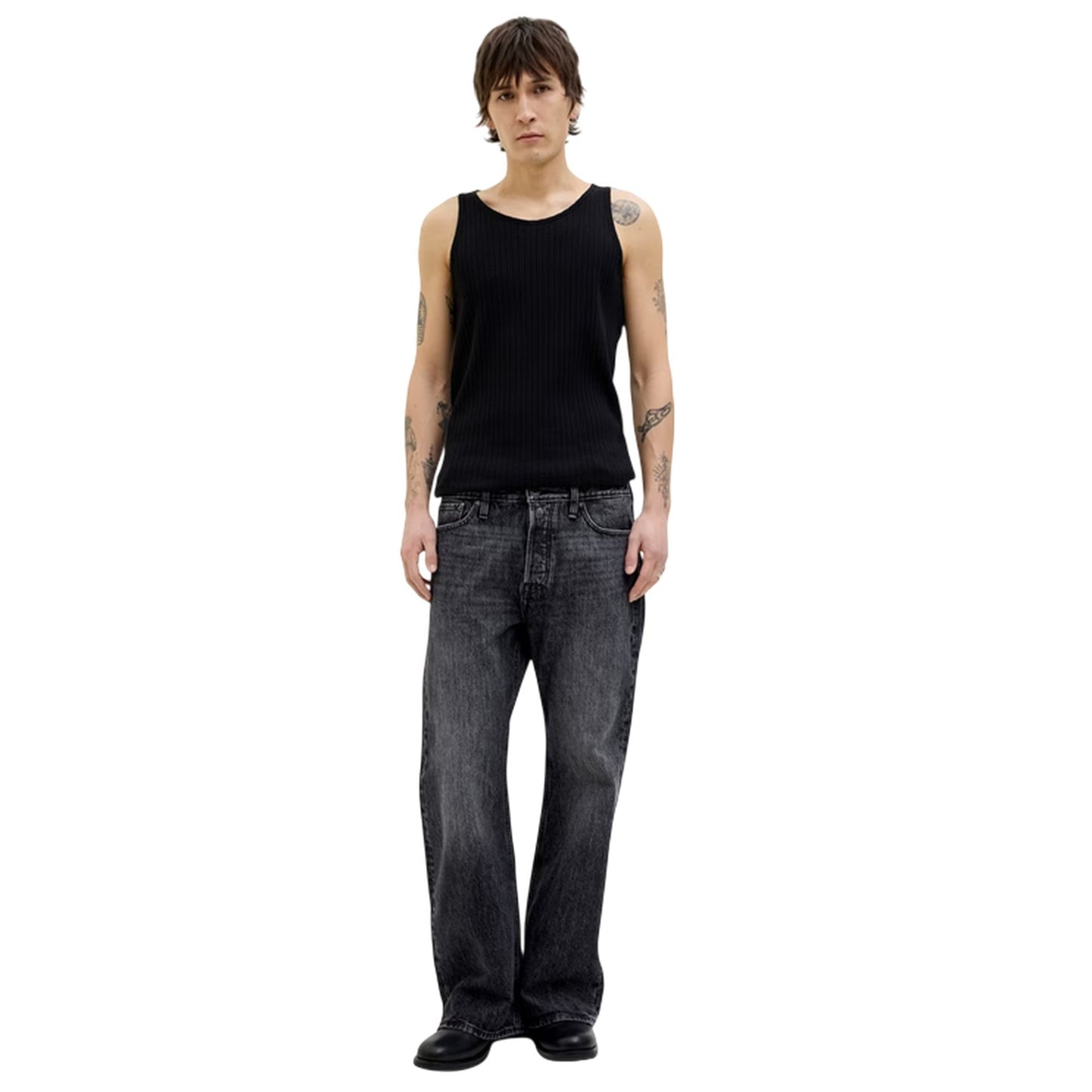 Black Denim - Close up - Jack And Jones Mens Toby Coop Relaxed Wide Leg Jeans