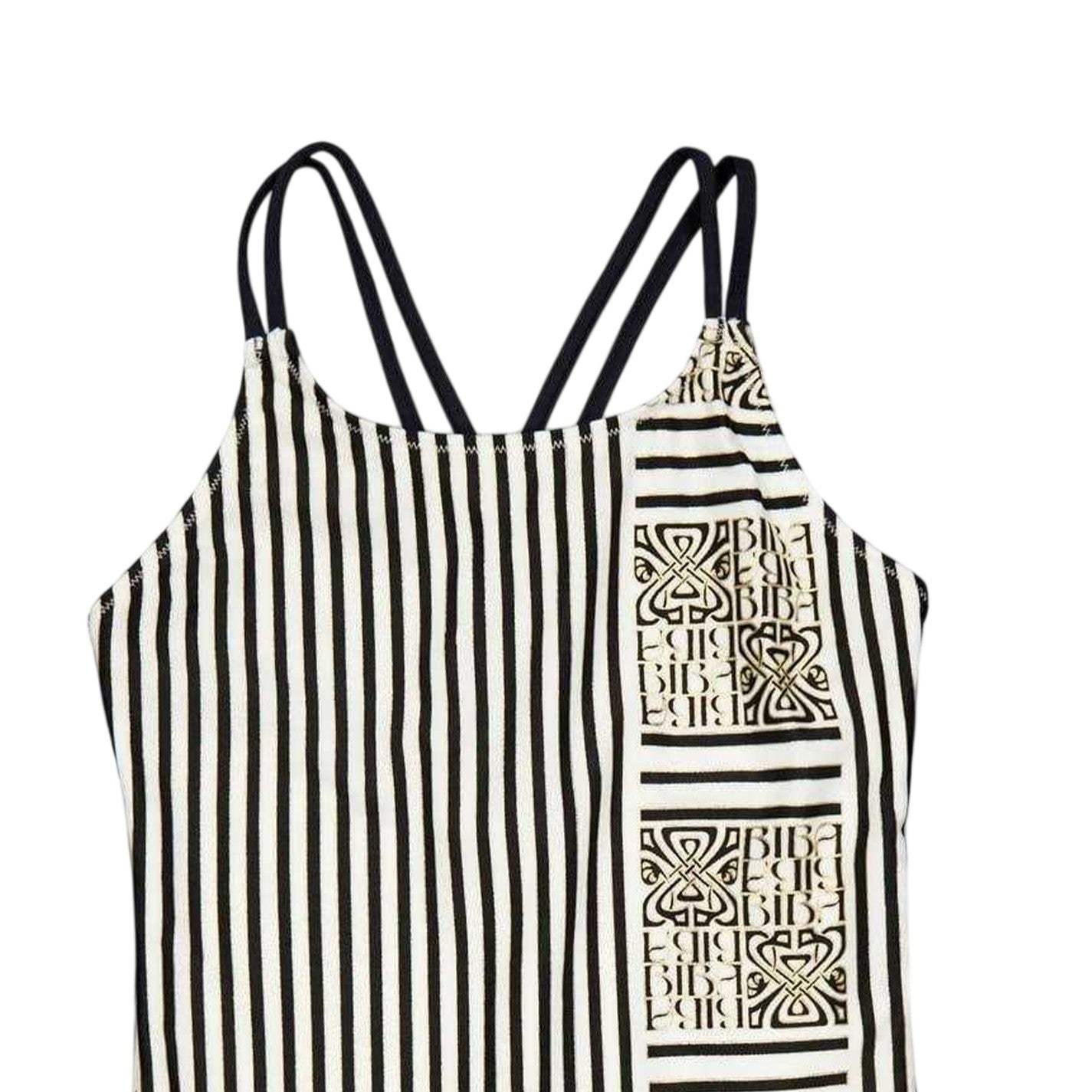 White-Black - Side - Biba Girls Stripe Cross Back One Piece Swimsuit