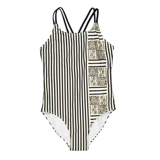 White-Black - Front - Biba Girls Stripe Cross Back One Piece Swimsuit