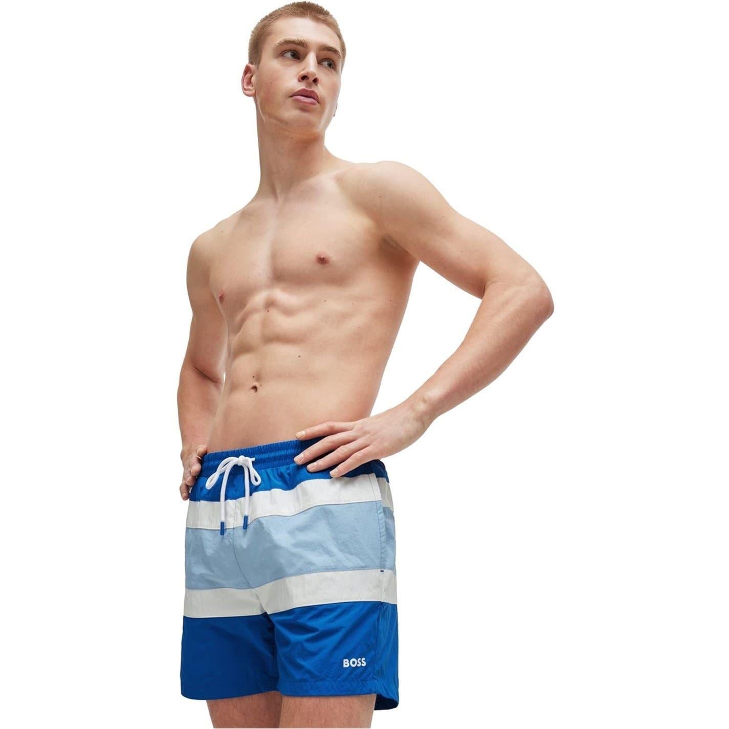 Medium Blue - Lifestyle - Boss Mens Rico Stripe Swim Shorts