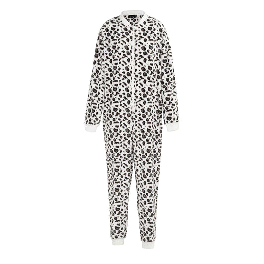 Black-White - Front - Linea Womens-Ladies Leopard Print Fleece All-In-One Nightwear