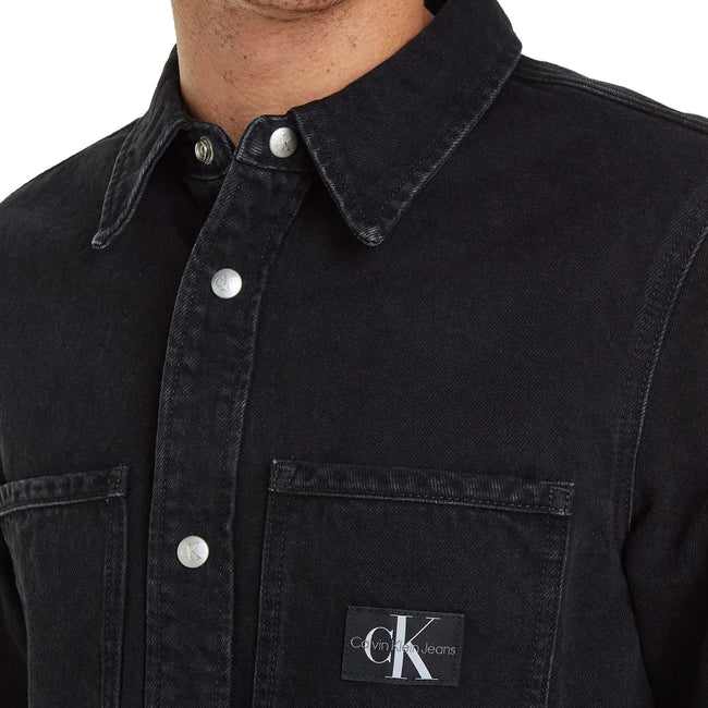 Black - Side - Calvin Klein Mens Patch Denim Logo Shirt