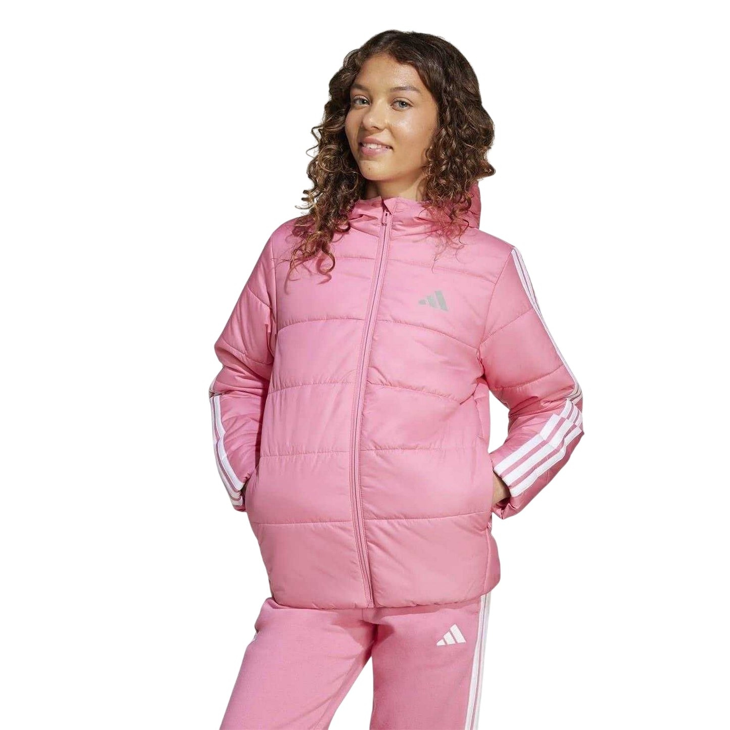 Pink-White - Side - Adidas Childrens-Kids Essentials 3 Stripes Hooded Jacket