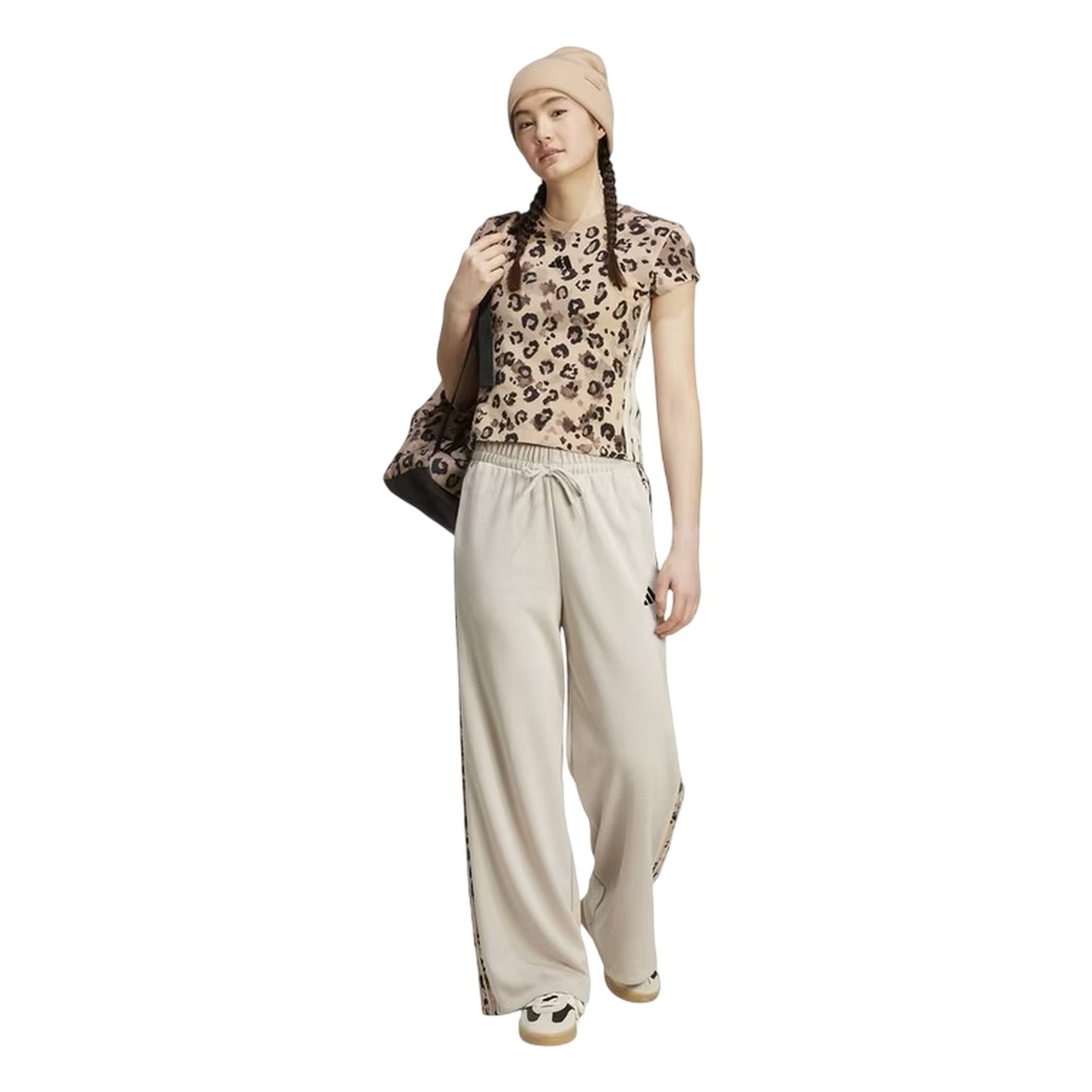 Beige-Black - Pack Shot - Adidas Womens-Ladies Leopard Print Jersey Crew Neck T-Shirt
