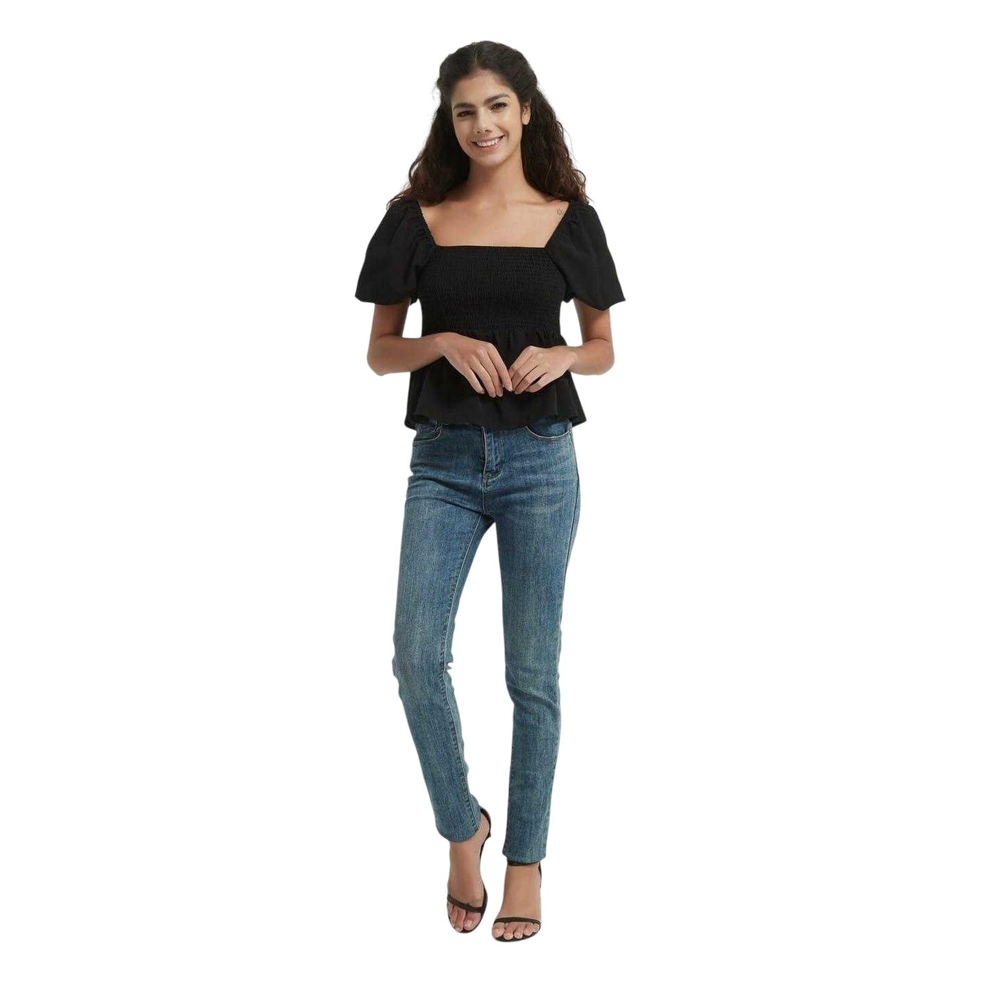 Black - Lifestyle - Be You Womens-Ladies Plain Square Neck Puff Sleeve Blouse