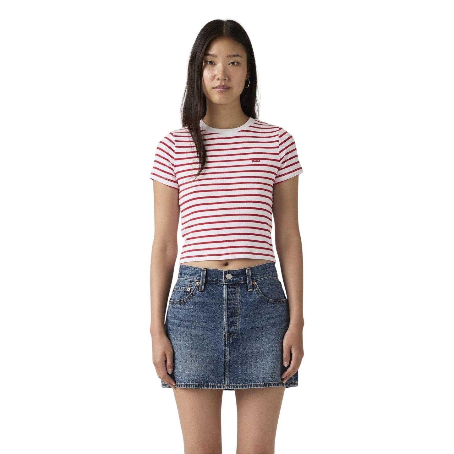 White-Red - Pack Shot - Levis Womens-Ladies Essential Striped Cotton Crop Top