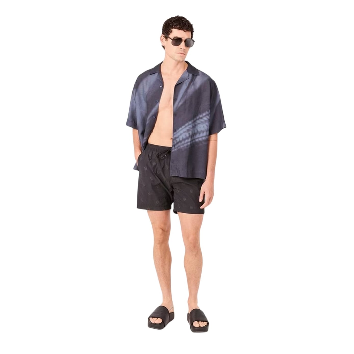 Black - Pack Shot - Boss Mens All Over Logo Regular Swim Shorts