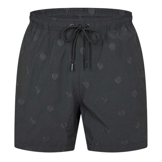 Black - Front - Boss Mens All Over Logo Regular Swim Shorts