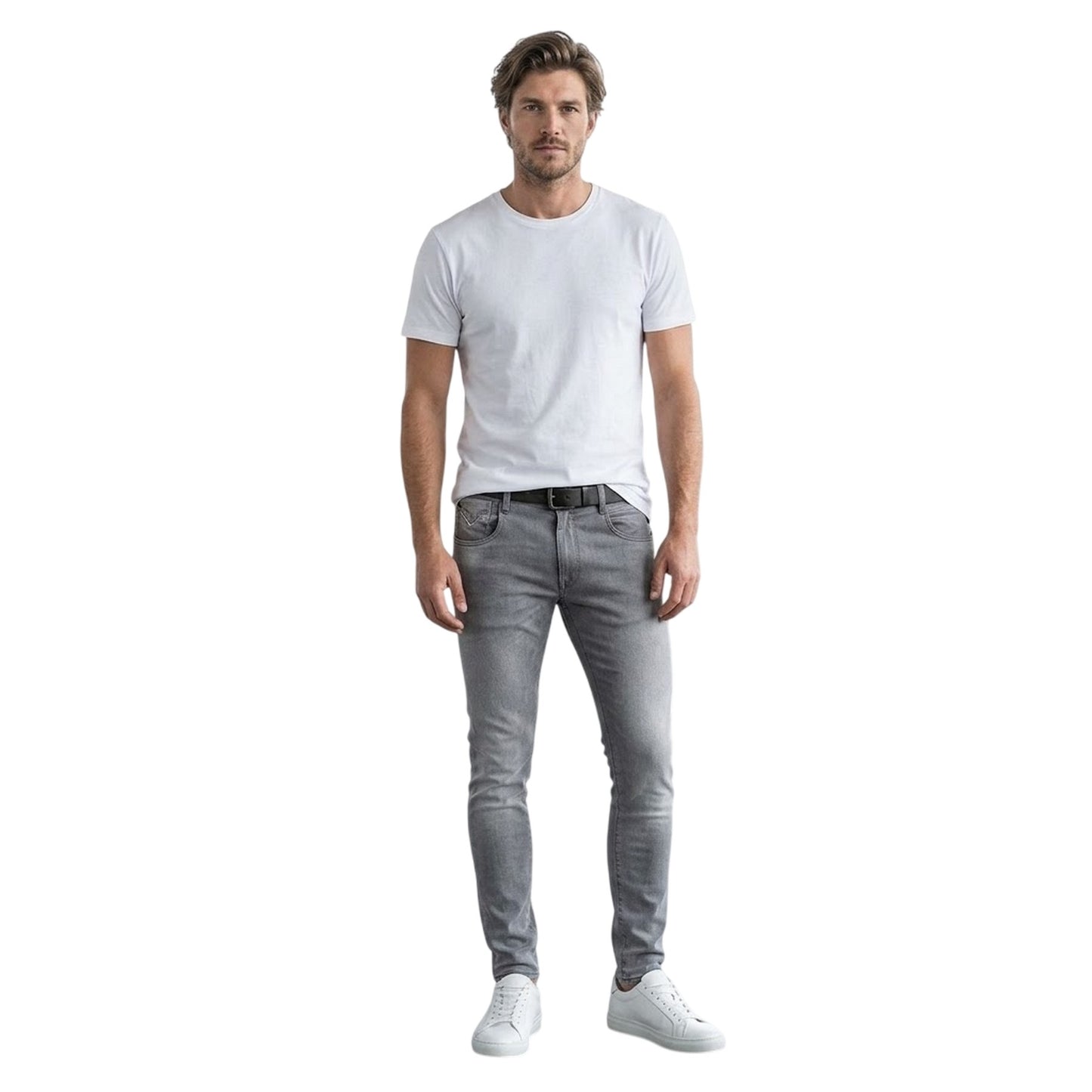 Grey - Side - Replay Mens Bronny Cotton Faded Slim Jeans