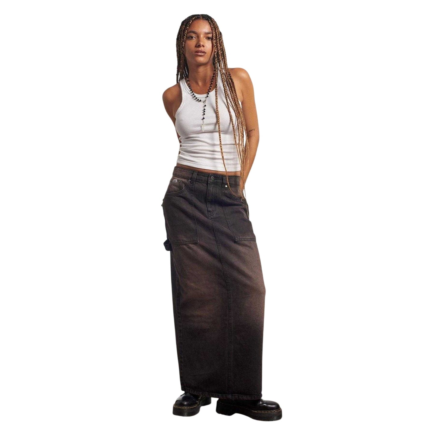 Brown - Side - The Ragged Priest Womens-Ladies Denim Carpenter Maxi Skirt