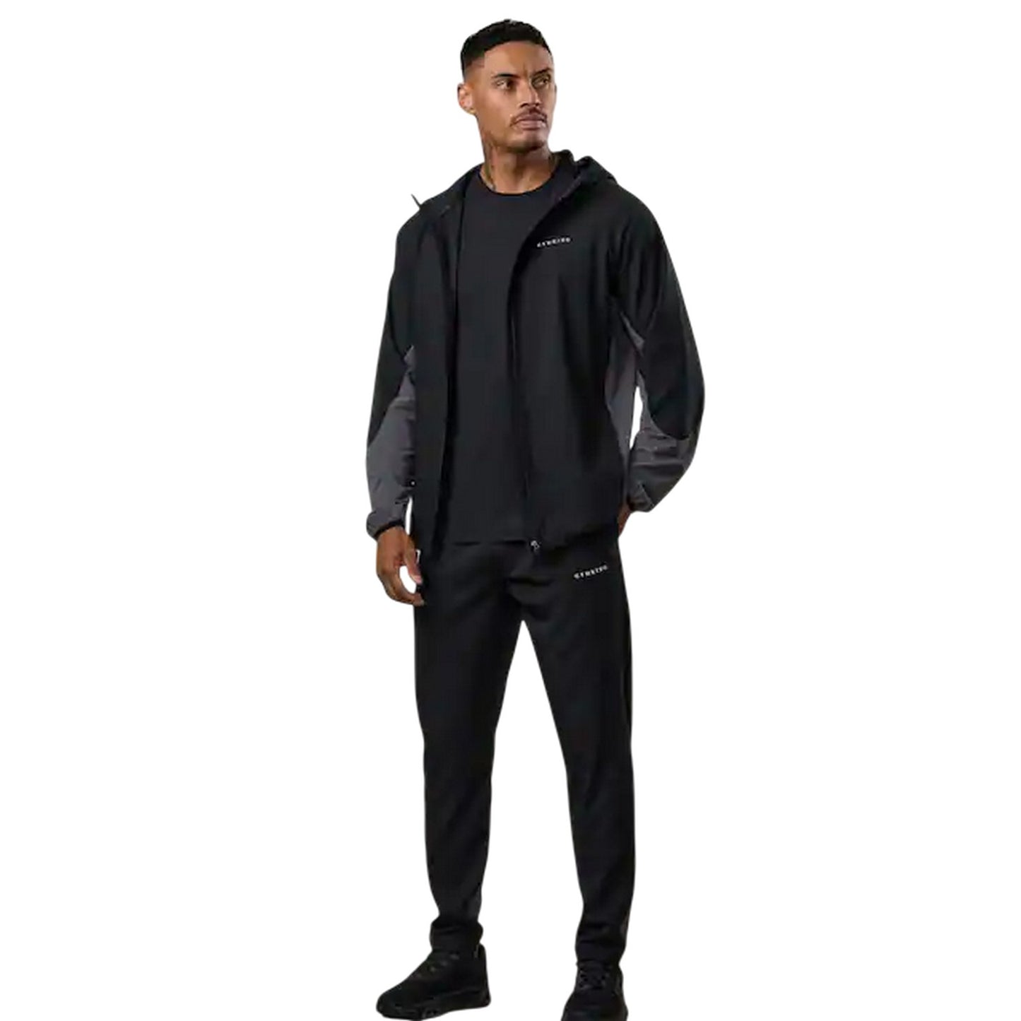 Black-Graphite - Pack Shot - Gym King Mens Hooded Raglan Windbreaker
