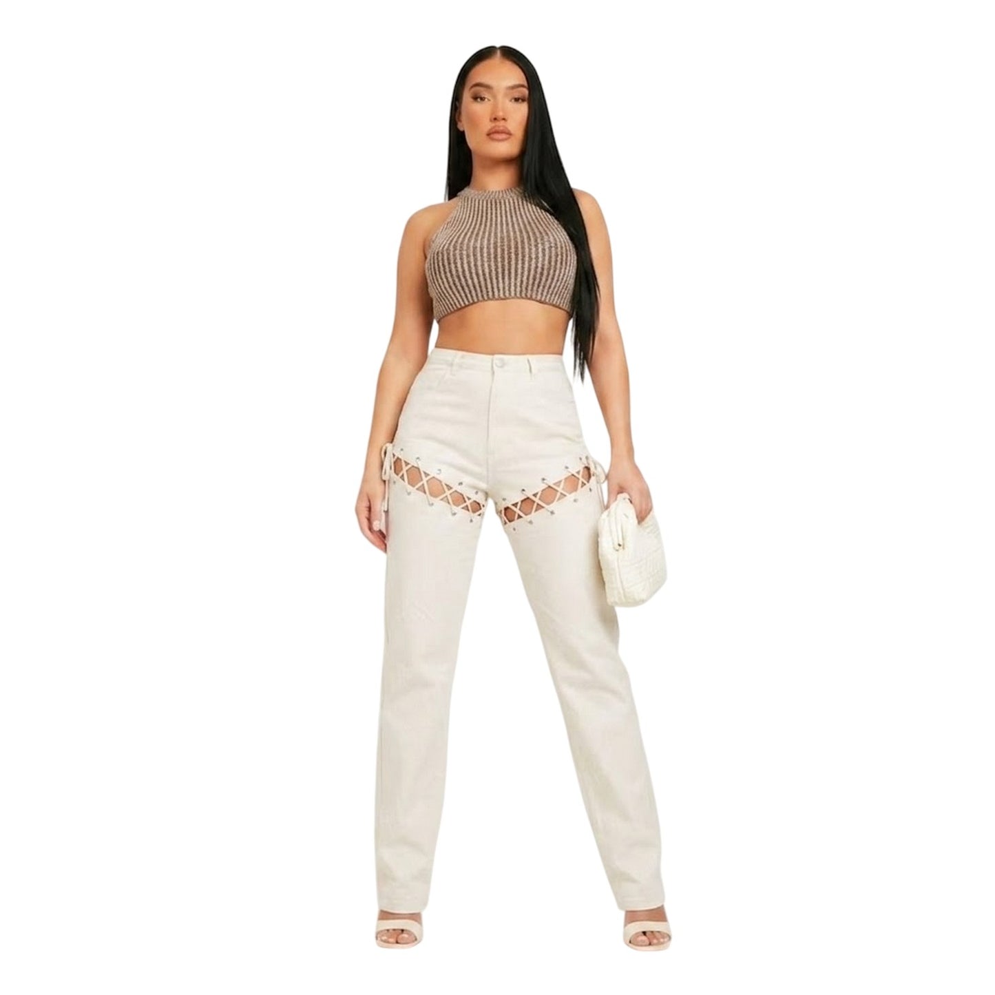 Sand - Side - Missy Empire Womens-Ladies Lace Up High Waist Trousers
