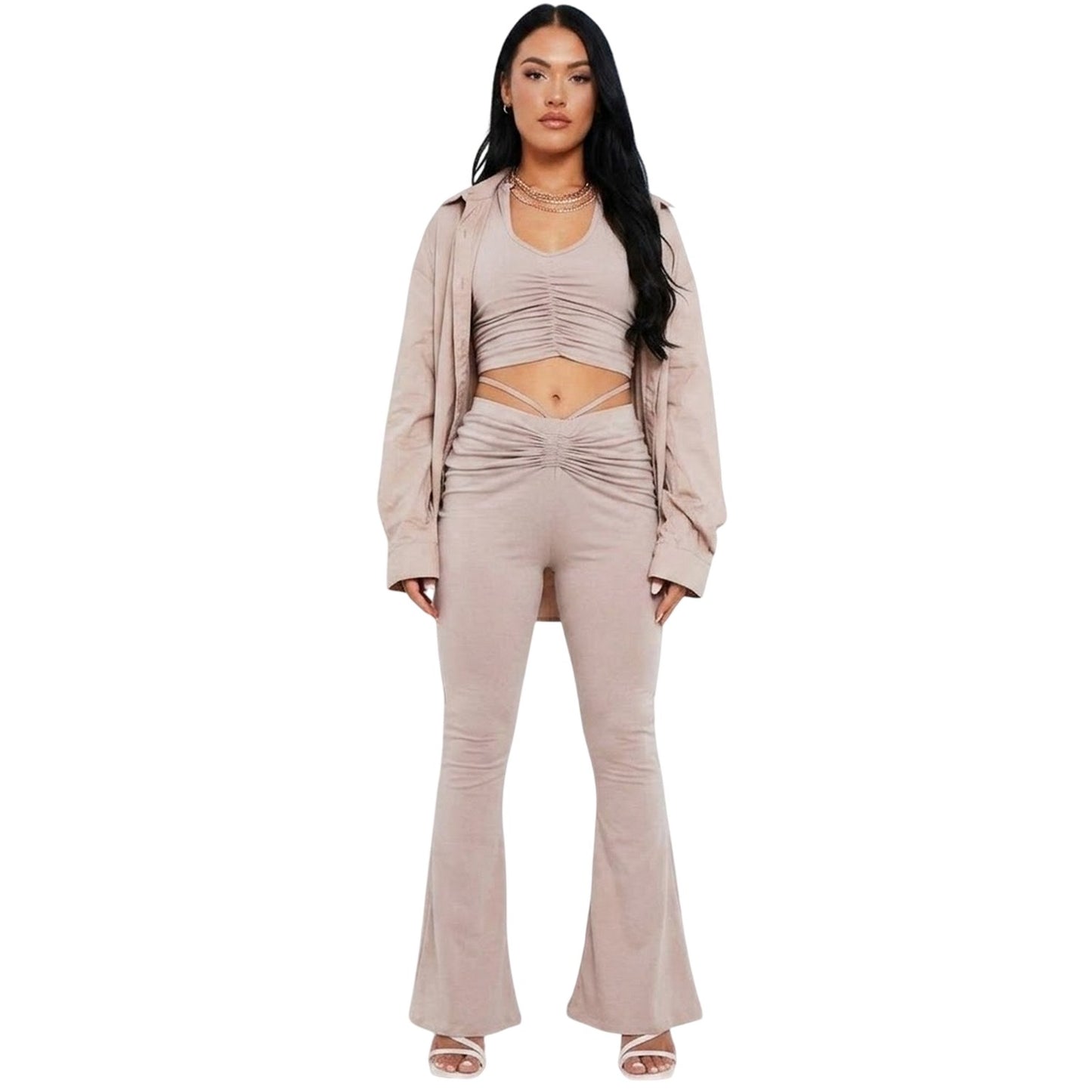 Taupe - Side - Missy Empire Womens-Ladies Ruched High Waist Trousers