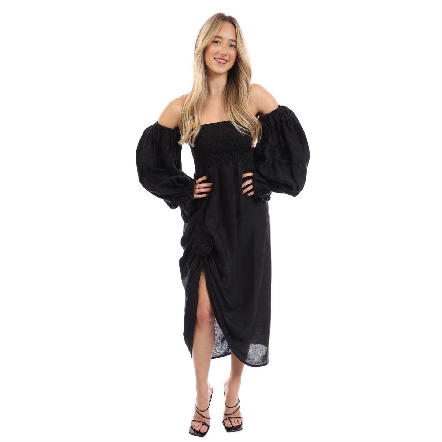 Black - Pack Shot - Sleeper Womens-Ladies Rose Linen Side Slit Midi Dress