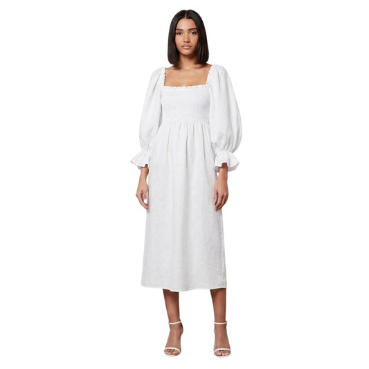 White - Front - Sleeper Womens-Ladies Linen Blend Puff Sleeve Midi Dress