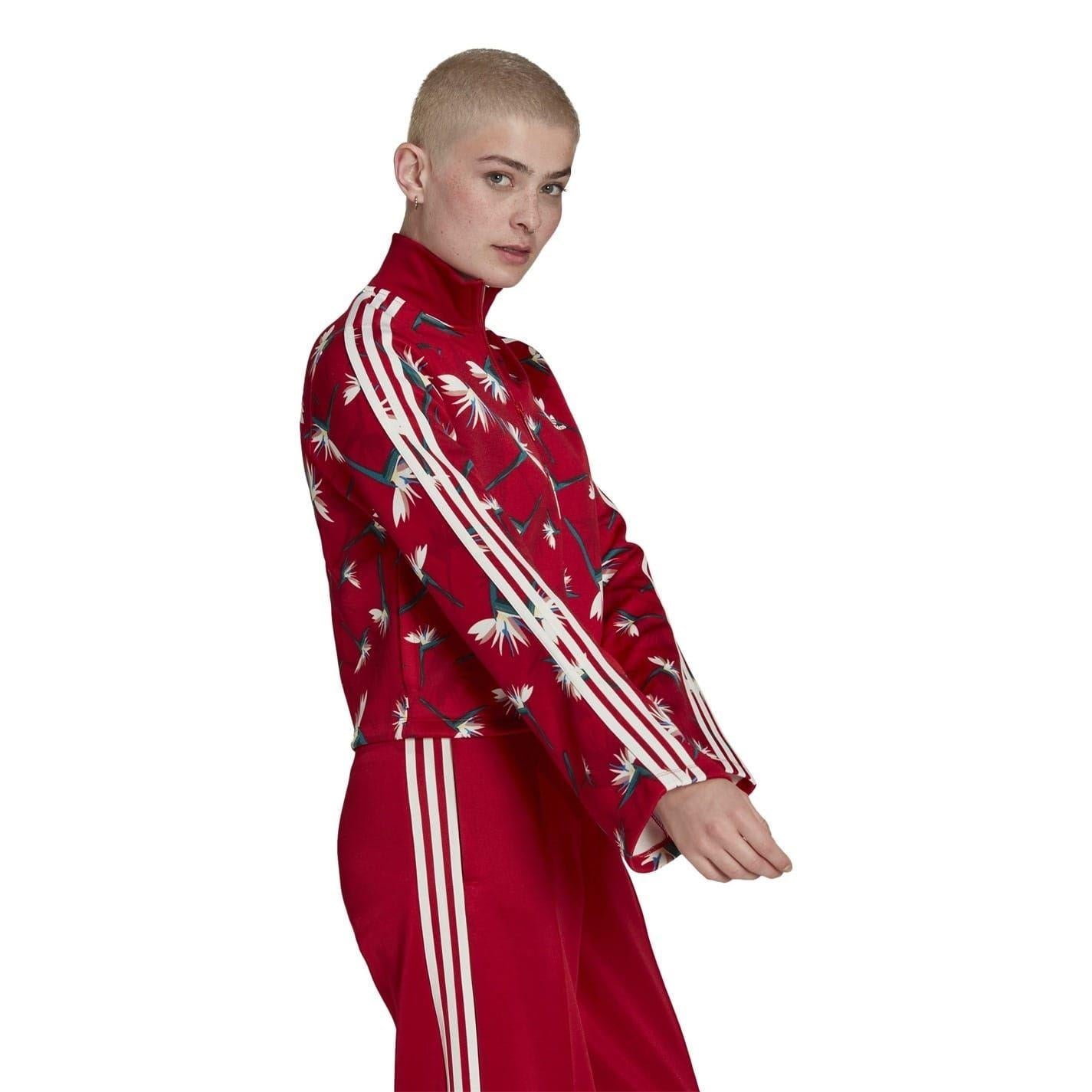 Red - Pack Shot - Adidas Womens-Ladies Originals Floral Bell Sleeve Track Top