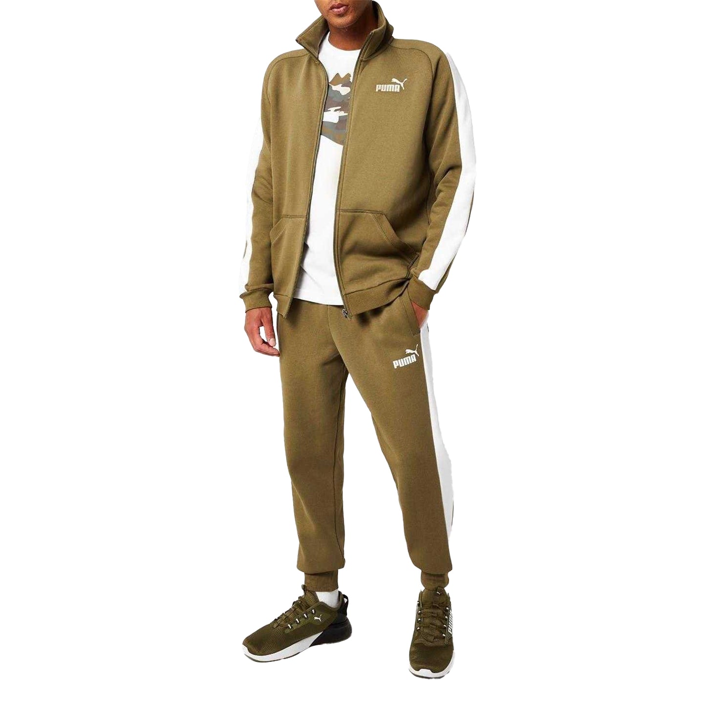 Olive-White - Pack Shot - Puma Mens Clean Fleece Tracksuit Set