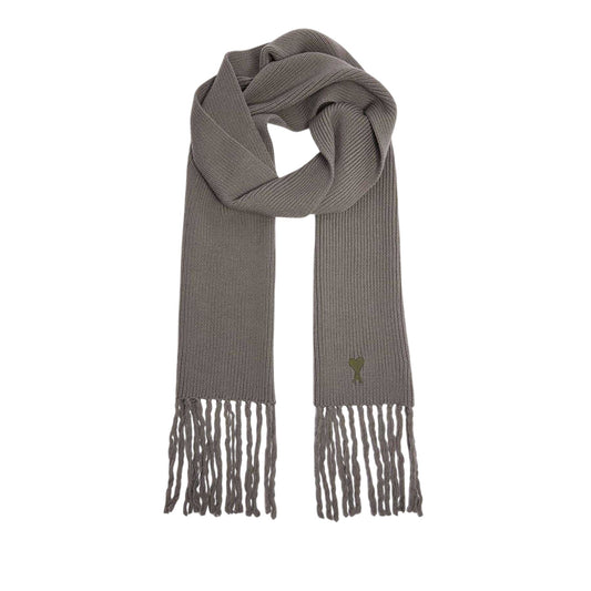 Khaki - Front - Ami Paris Embroidered Logo Knitted Scarf