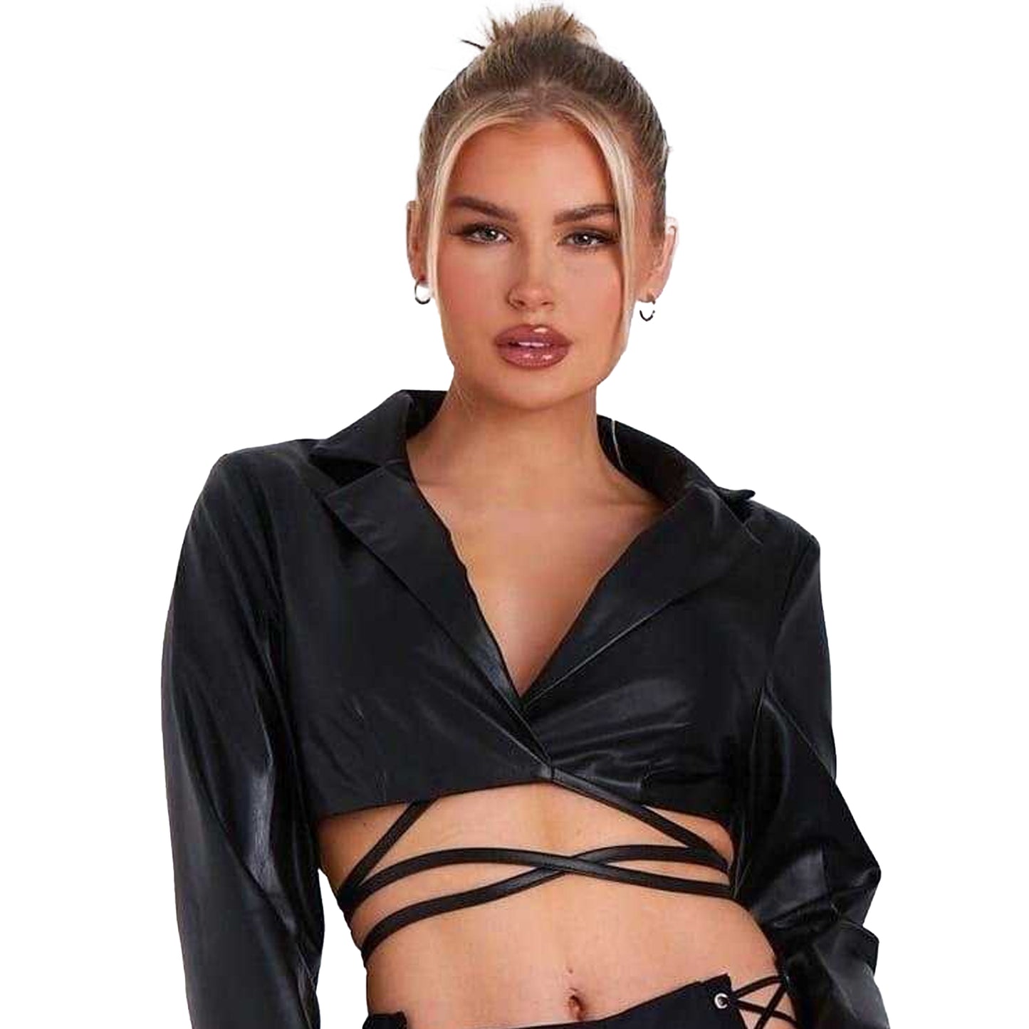 Black - Back - Missy Empire Womens-Ladies PU Cropped Blazer