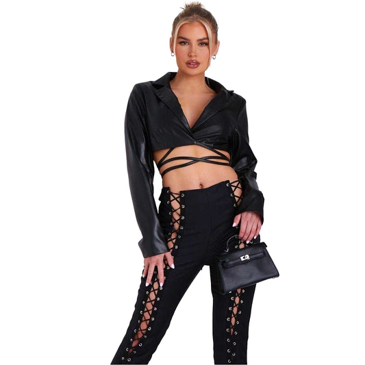 Black - Front - Missy Empire Womens-Ladies PU Cropped Blazer