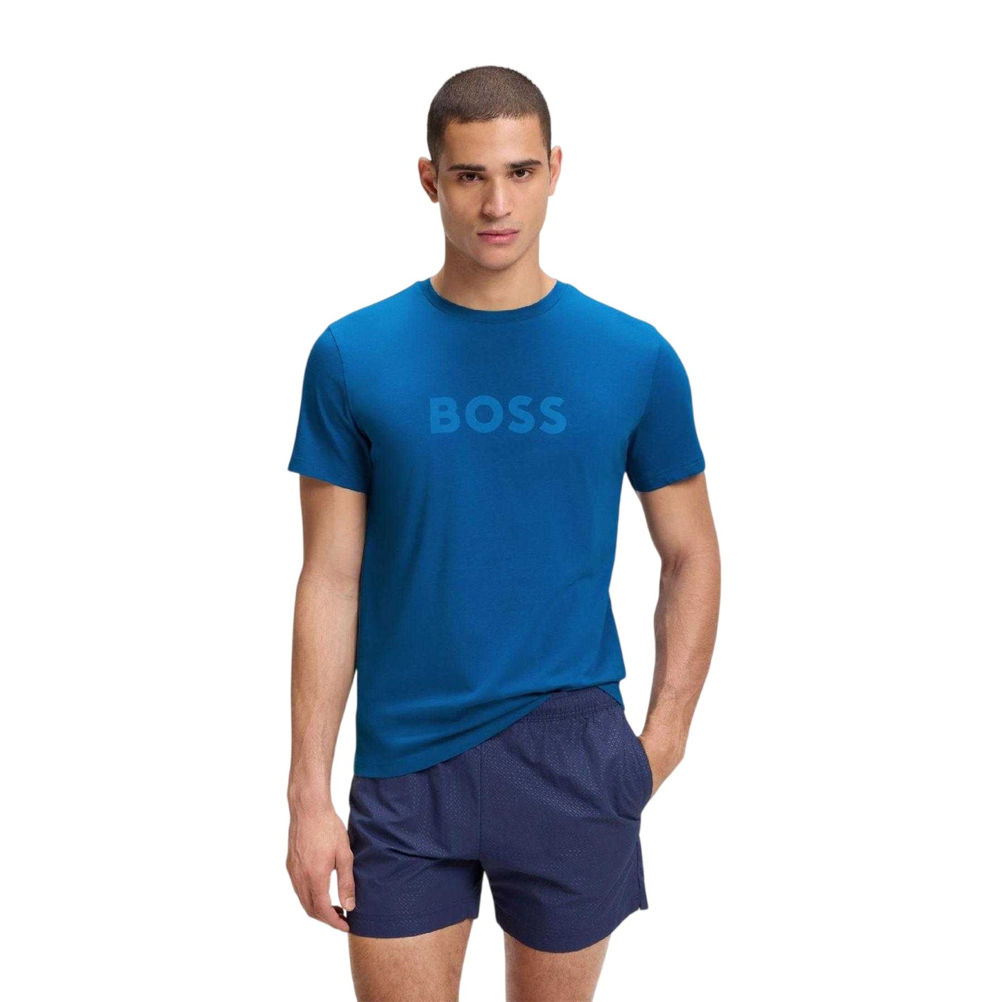 Blue - Side - Boss Mens Logo Cotton T-Shirt