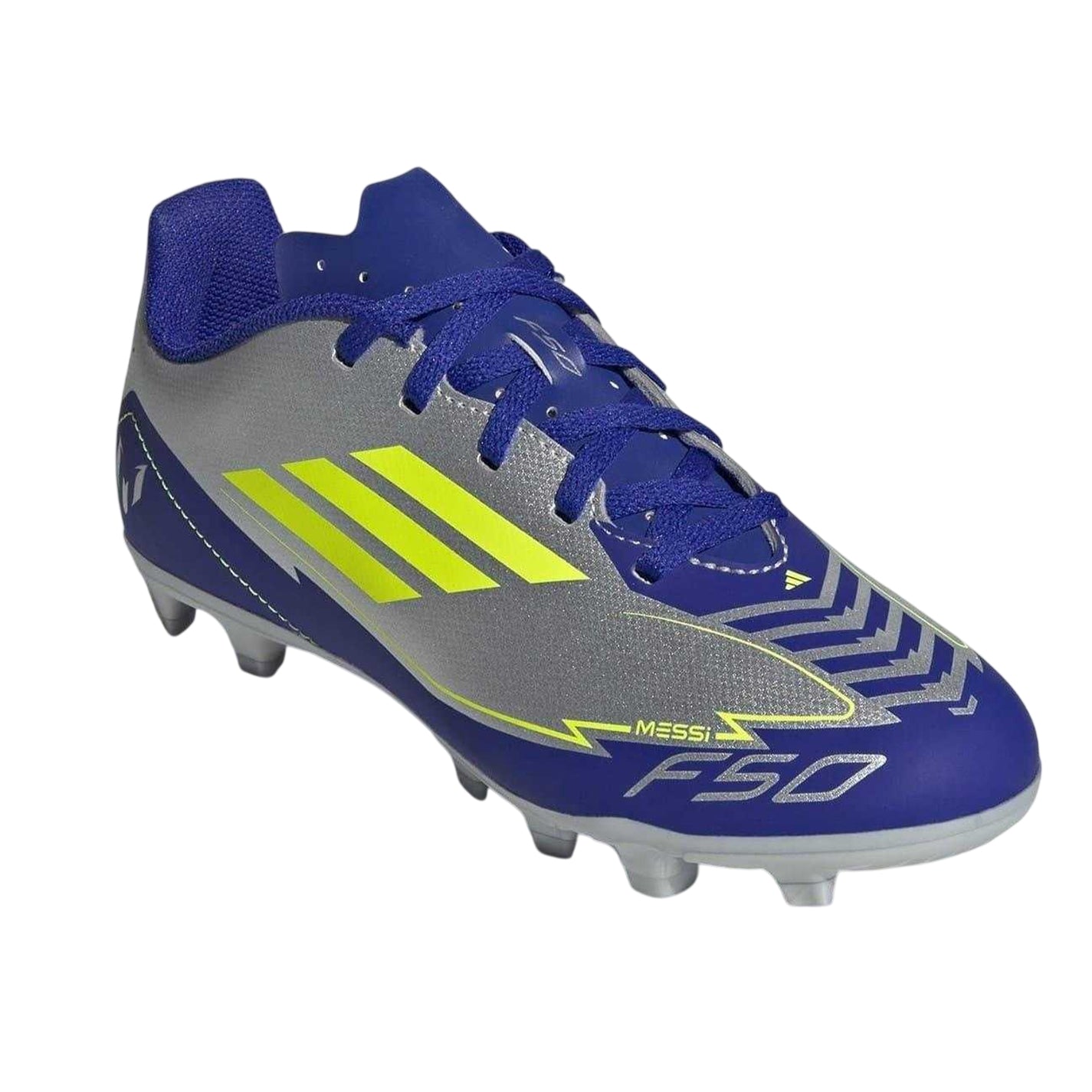 Silver-Blue - Pack Shot - Adidas Childrens-Kids F50 Club Firm Ground Football Boots