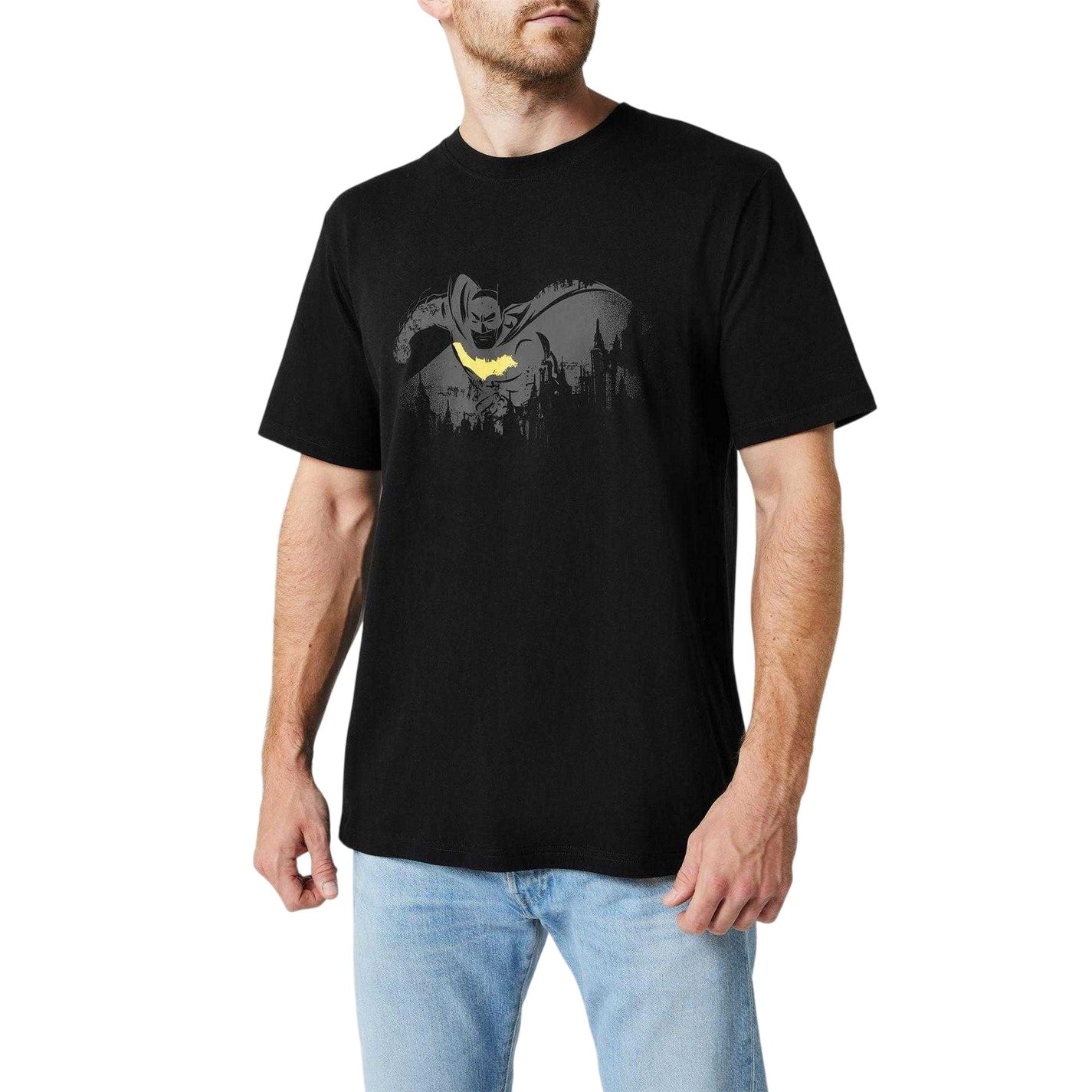Black-Yellow - Pack Shot - Batman Mens Cityscape Cotton T-Shirt