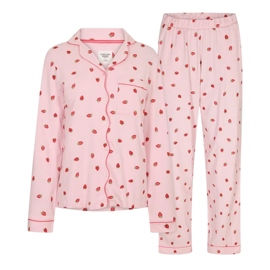 Pink-Red - Front - Chelsea Peers Womens-Ladies Strawberry Long Pyjama Set