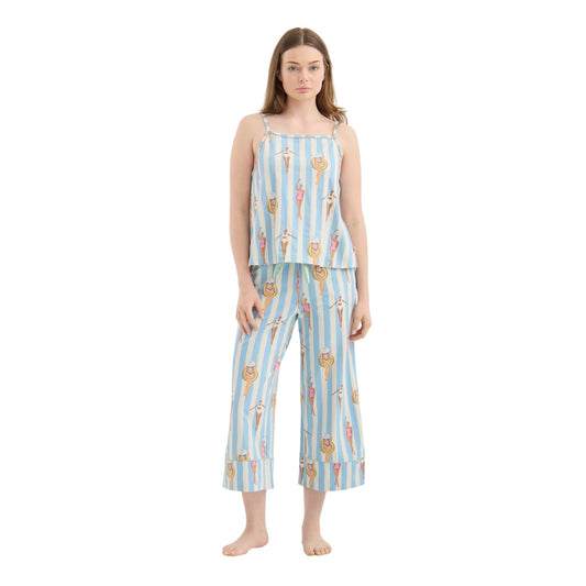 Blue - Front - Chelsea Peers Womens-Ladies Striped Capri Pyjama Set