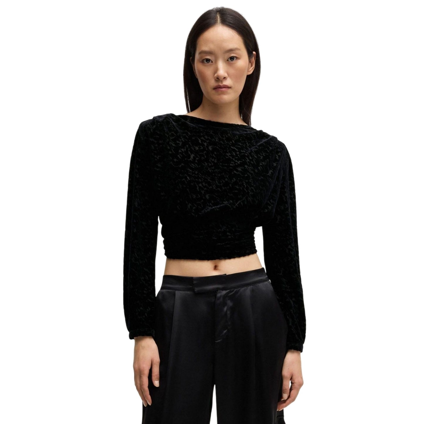 Black - Lifestyle - Boss Womens-Ladies C Edevory Devoré Wrap Crop Top