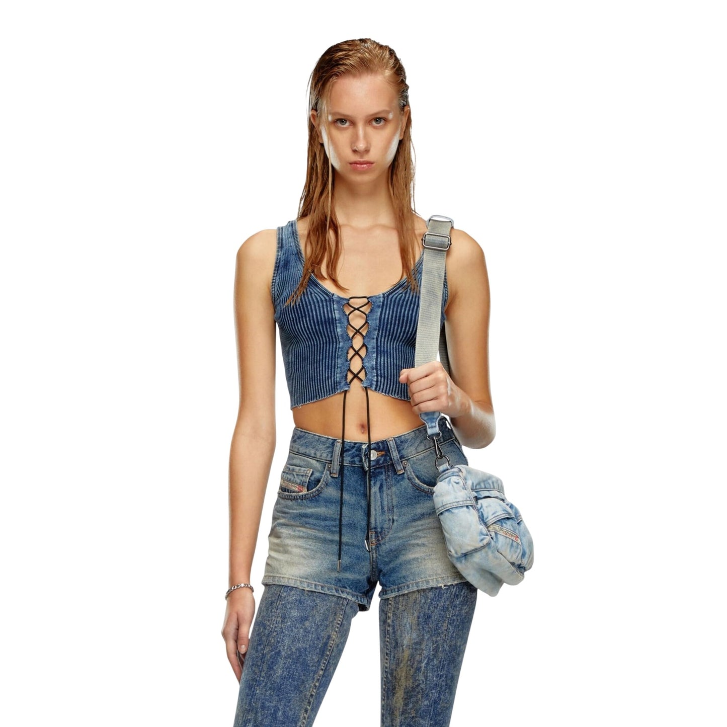 Blue - Lifestyle - Diesel Womens-Ladies Adone Maglia Knitted Crop Top