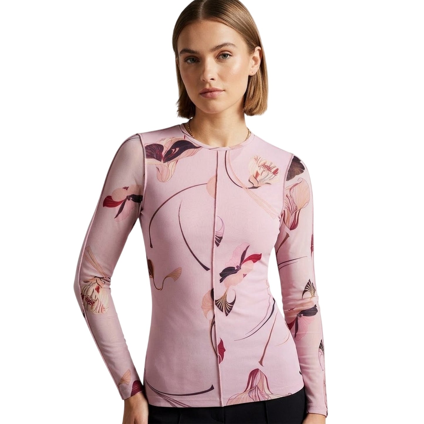 Pink - Side - Ted Baker Womens-Ladies Floral Mesh Long-Sleeved Top