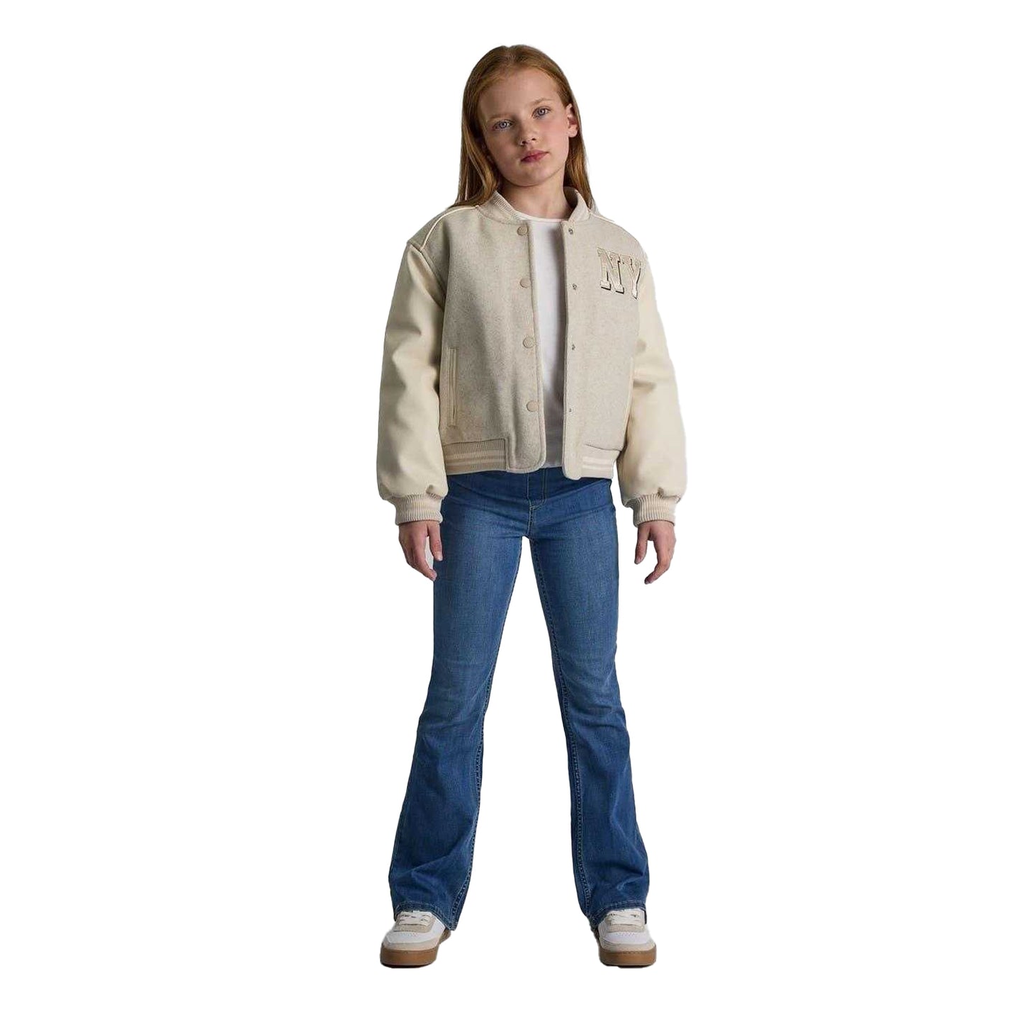 Mottled Beige - Pack Shot - Minoti Girls New York Patch Varsity Jacket