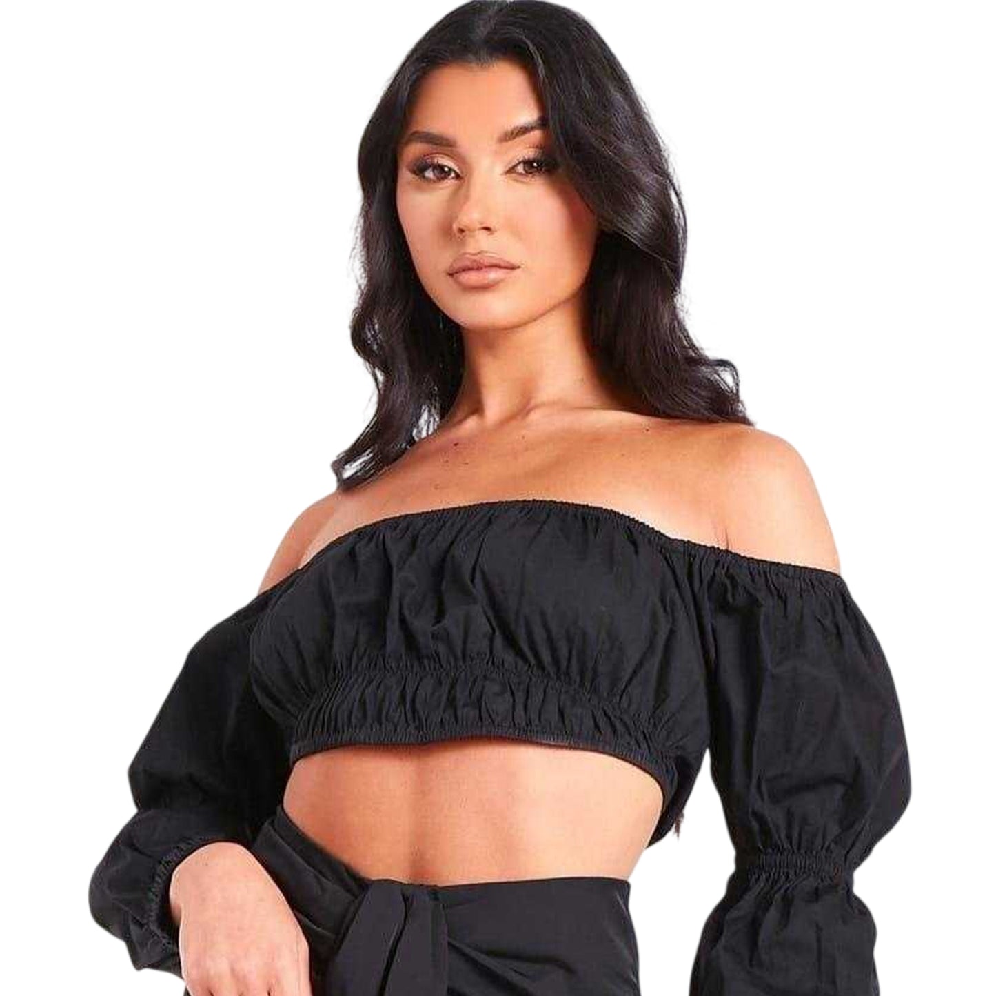 Black - Back - Missy Empire Womens-Ladies Puff Sleeve Bardot Top