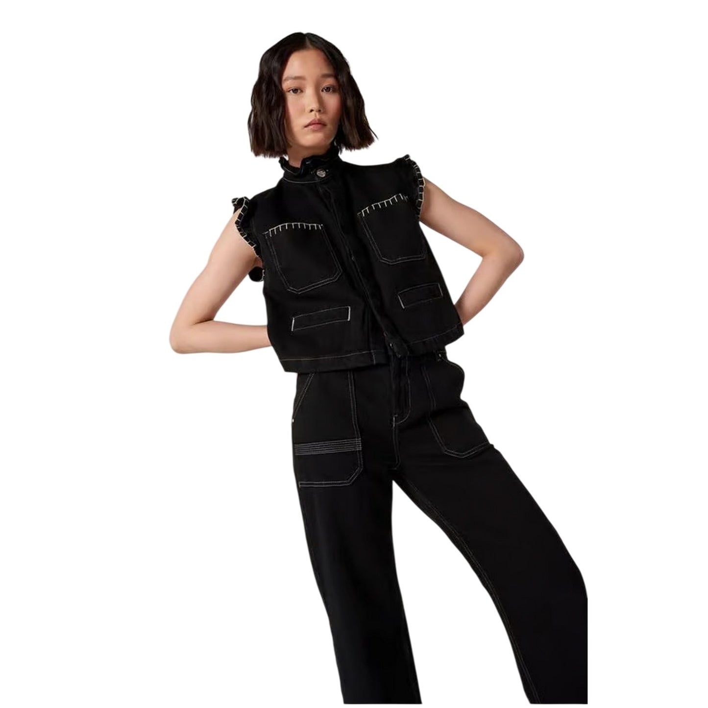 Black - Side - seventy + mochi Womens-Ladies Denim Contrast Stitch Waistcoat