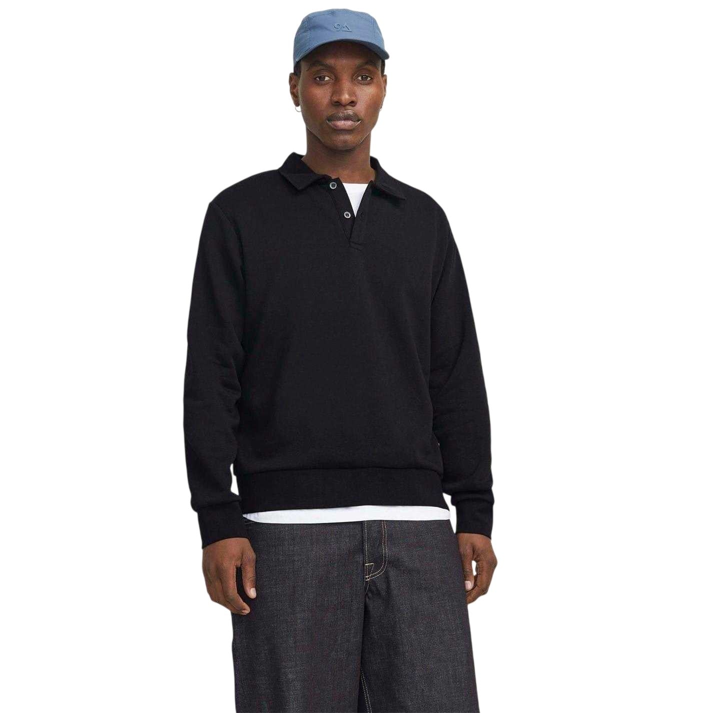 Black - Lifestyle - Jack And Jones Mens Cotton Blend Relaxed Fit Long-Sleeved Polo Sweatshirt