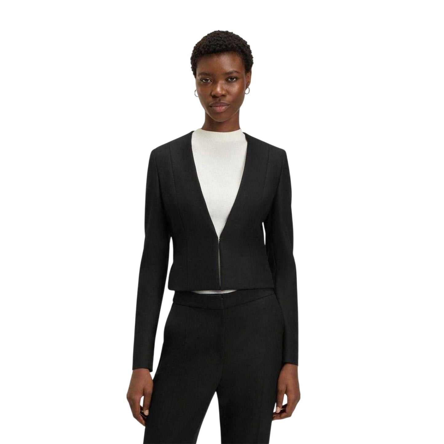 Black - Pack Shot - Boss Womens-Ladies Deep V Regular Cropped Blazer
