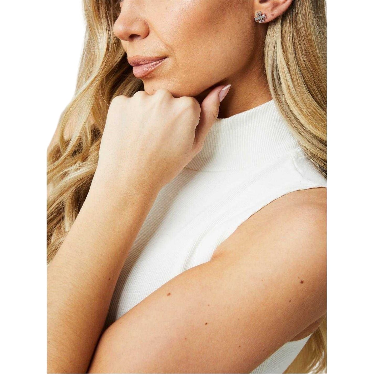 Silver - Side - Tory Burch Gold Plated Logo Stud Earrings