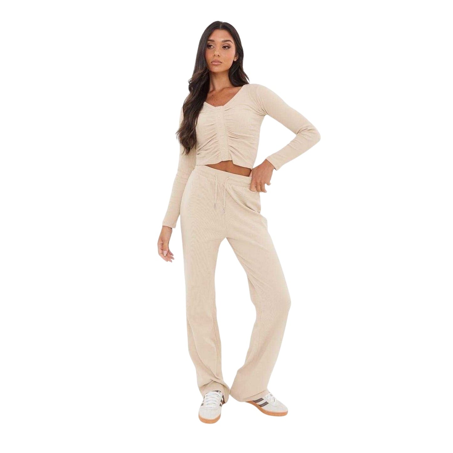 Stone - Lifestyle - I Saw It First Womens-Ladies Ribbed Wide Leg Sweatpants