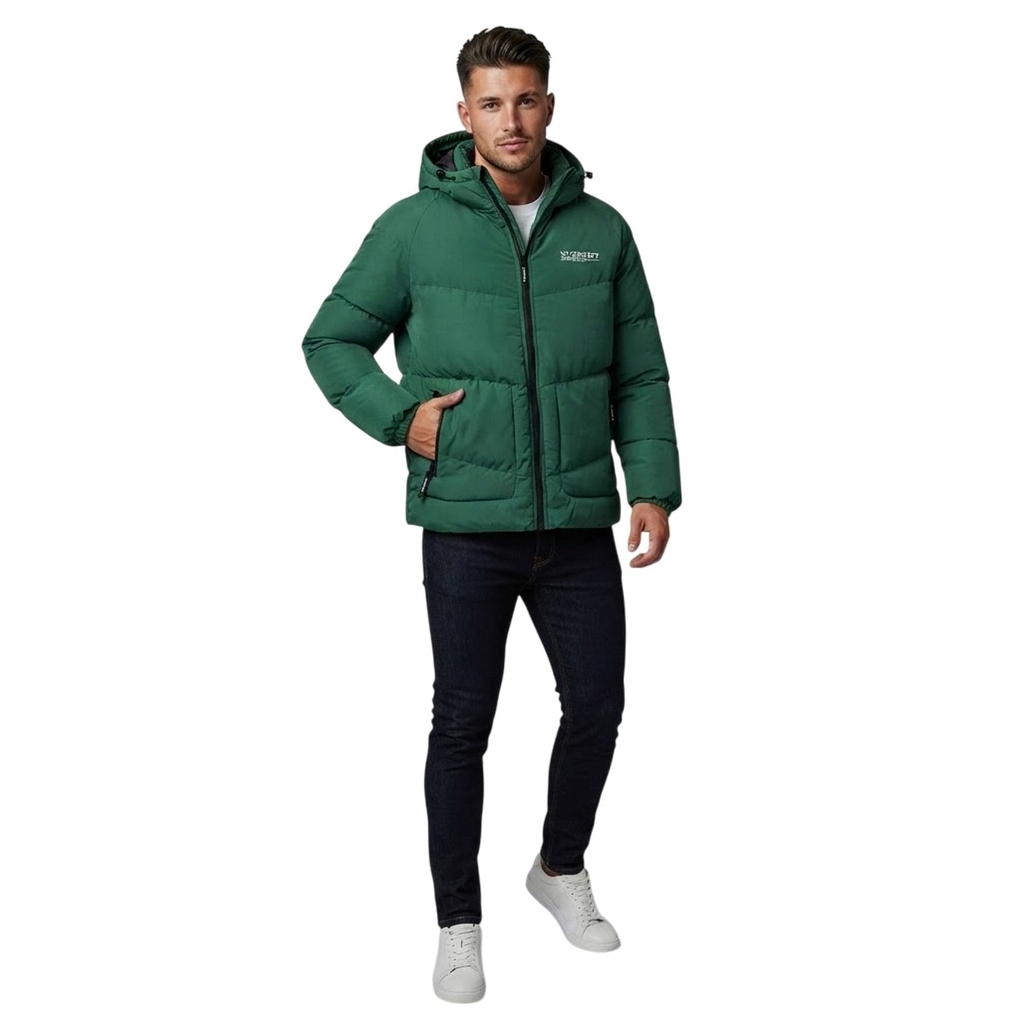 Green - Side - NYC Mens Patterned Hooded Puffer Jacket