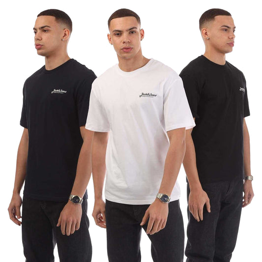 Navy-White-Black - Front - Jack And Jones Mens Beau Footprint T-Shirt (Pack of 3)